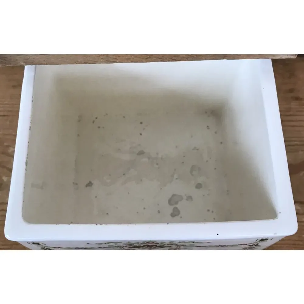 Vtg Antique Danish Salt Wall Hanging Ceramic Wood Floral Bin Kitchen Container